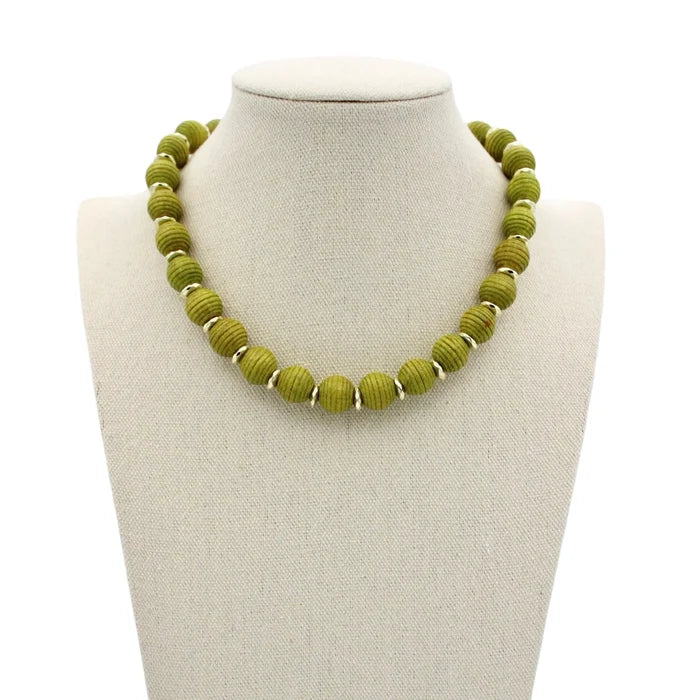 Textured Wood Bead Necklace - Green
