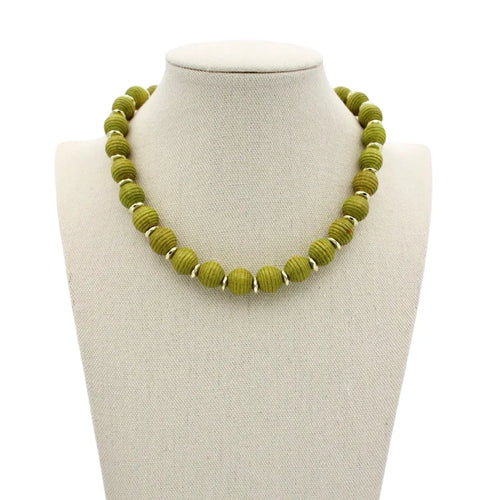 Textured Wood Bead Necklace - Green