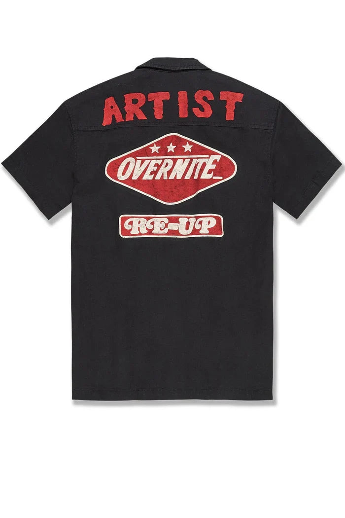 Black Jordan Craig The Re-Up Mechanic Button Up Shirt, a stylish men's tee with a casual mechanic-inspired design.