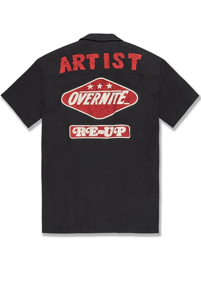 Black Jordan Craig The Re-Up Mechanic Button Up Shirt, a stylish men's tee with a casual mechanic-inspired design.