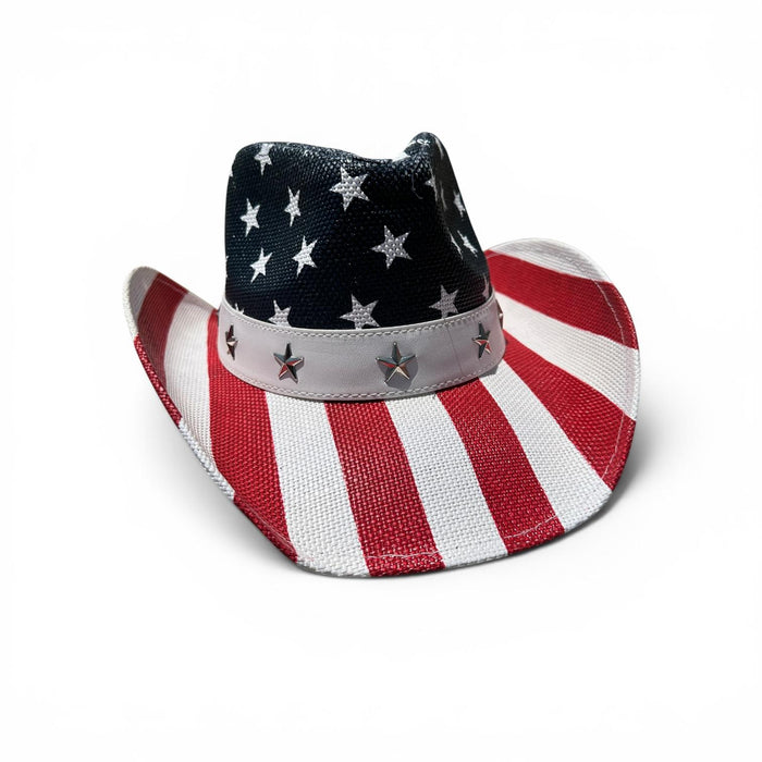 USA flag festival cowboy hat with red and white striped brim, blue star crown, silver studded hatband, and lightweight straw western design