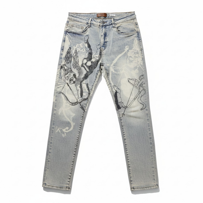 Waimea Angel Loves Hot Denim in Antique Blue, stylish medium-wash denim jeans with a classic fit and subtle fading.