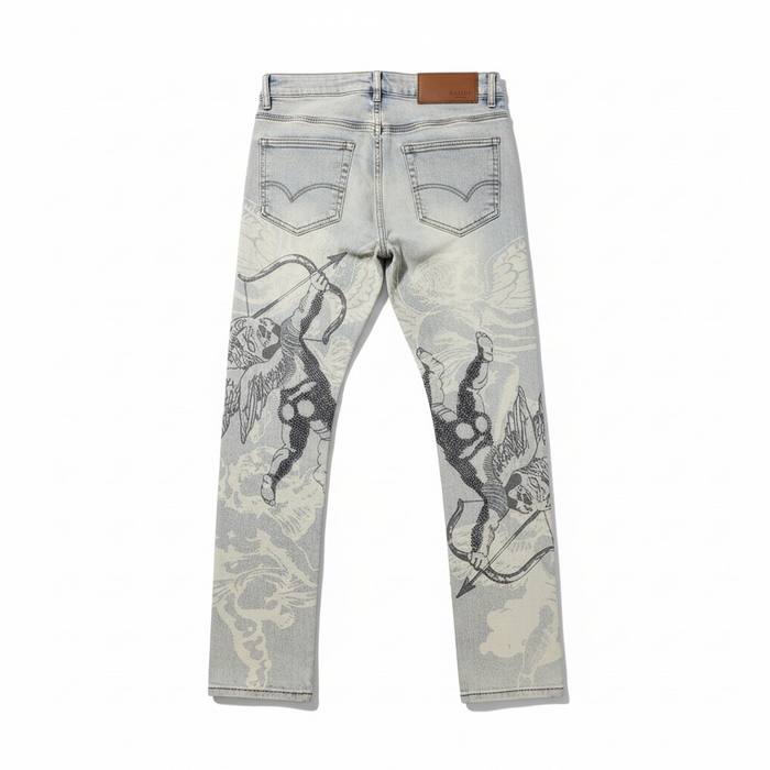 Waimea Denim jeans in Antique Blue with angel love embroidery, showcasing the stylish denim fabric and detailed design.