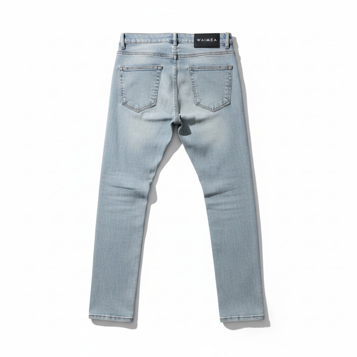 Waimea 'Flex' plain skinny denim jeans in antique blue, showing the front view with a classic five-pocket design and slim fit cut.