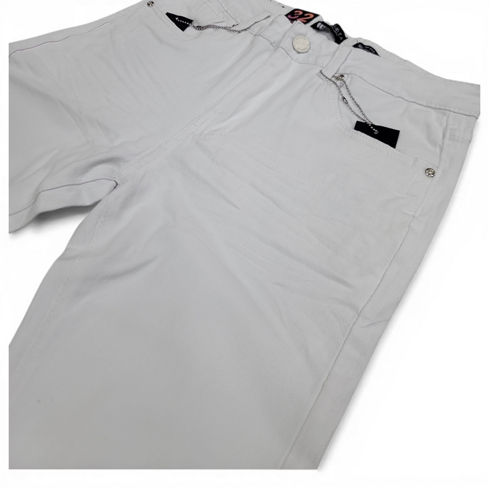 White Waimea 'Flex' Skinny Denim jeans, plain style, close-up of the fitted denim fabric and waistband.