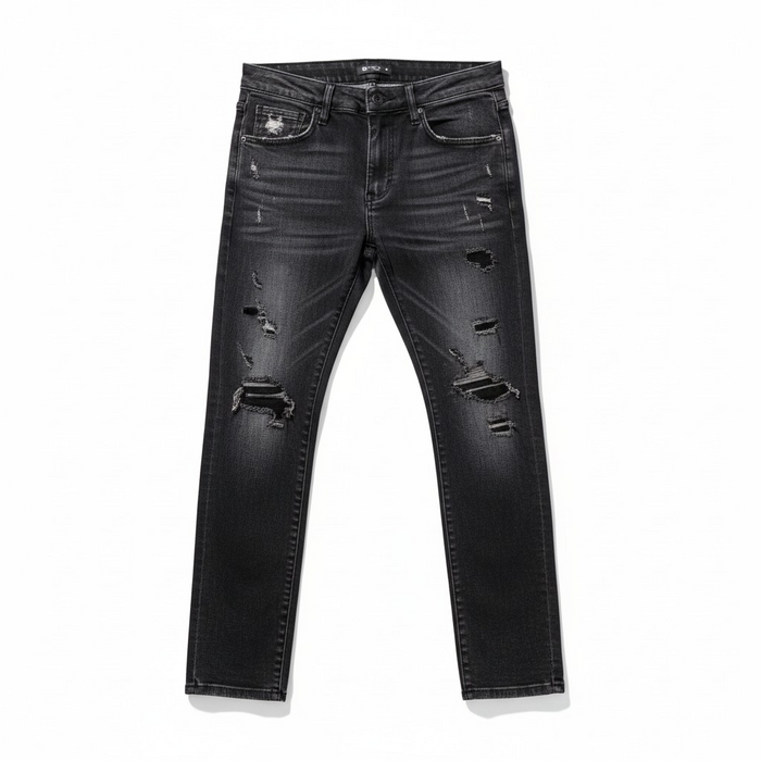 Waimea 'Padded Rips' slim fit black wash denim jeans, showcasing distressed details and slim silhouette.