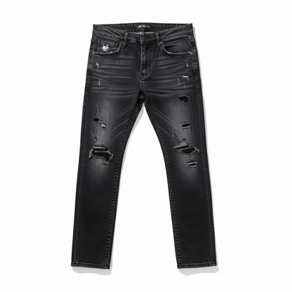 Waimea 'Padded Rips' slim fit black wash denim jeans, showcasing distressed details and slim silhouette.