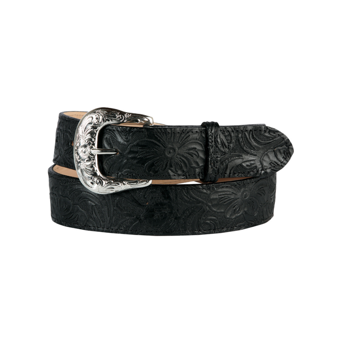 Black embossed leather belt with silver buckle