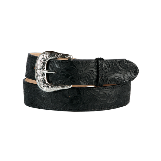 Black embossed leather belt with silver buckle