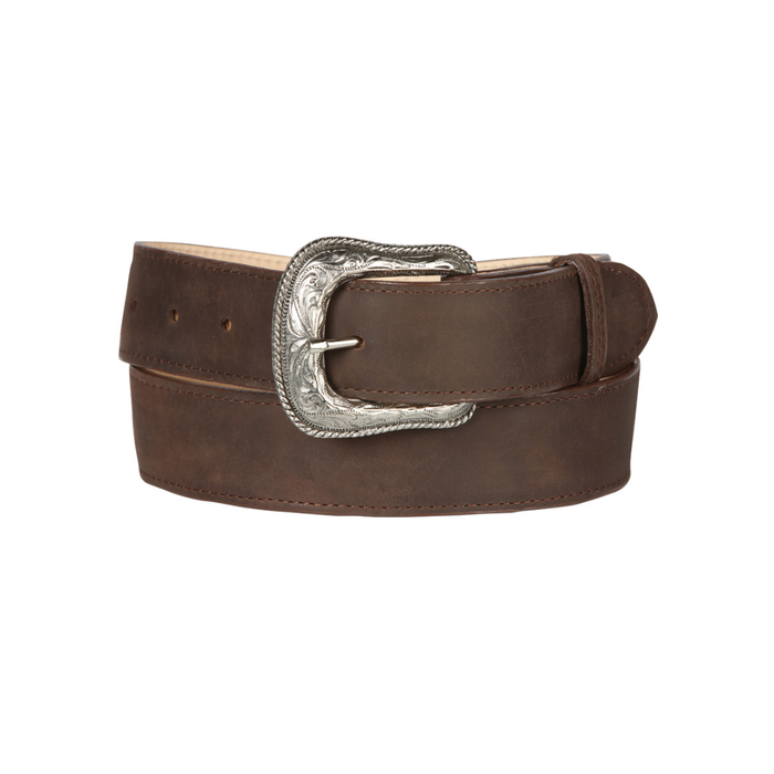 Brown leather belt with a silver buckle