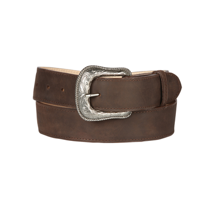 Brown leather belt with a silver buckle