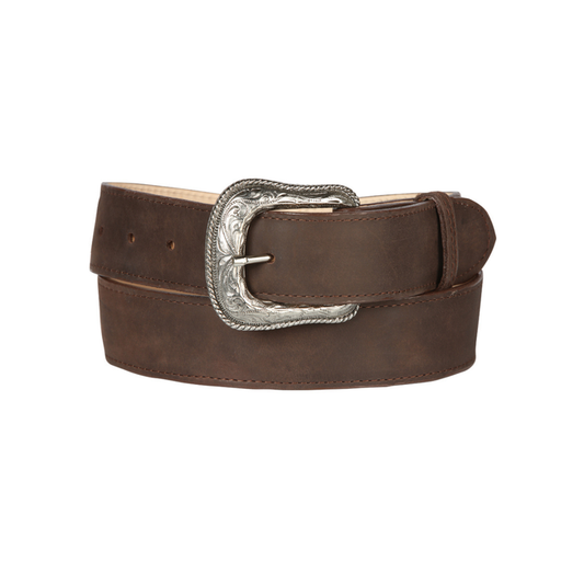 Brown leather belt with a silver buckle
