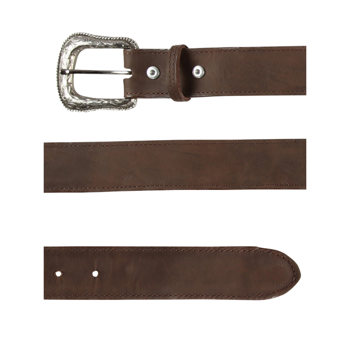 Brown leather belt with silver buckle