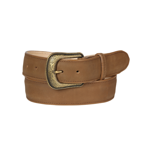 Brown leather belt with a gold buckle