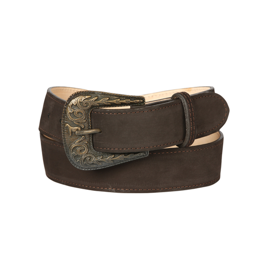 Brown leather belt with decorative buckle