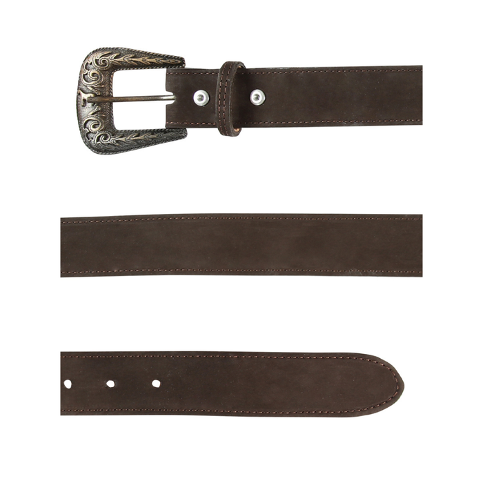 Brown leather belt with decorative buckle