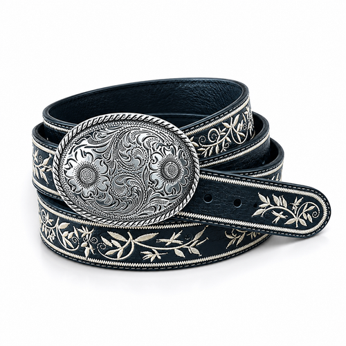 Women’s Belt w/  Floral Design & Silver Buckle - Black