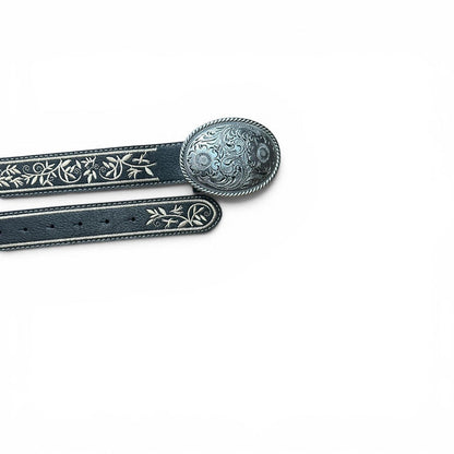 Women’s Belt w/  Floral Design & Silver Buckle - Black