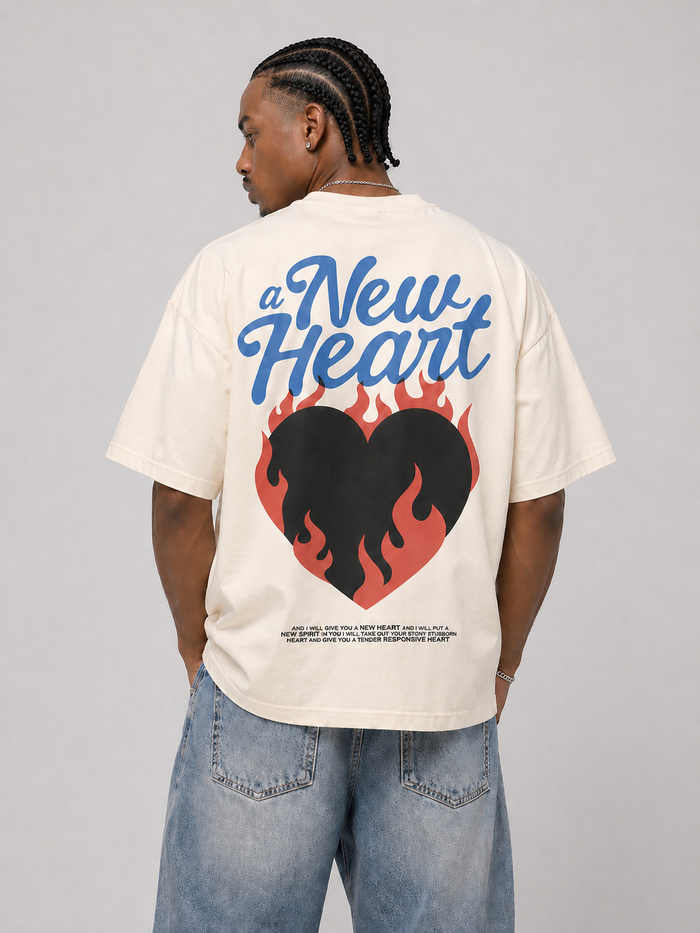 Cream WRLDSNTS 'A New Heart' T-Shirt featuring a minimalist graphic design and comfortable fit.