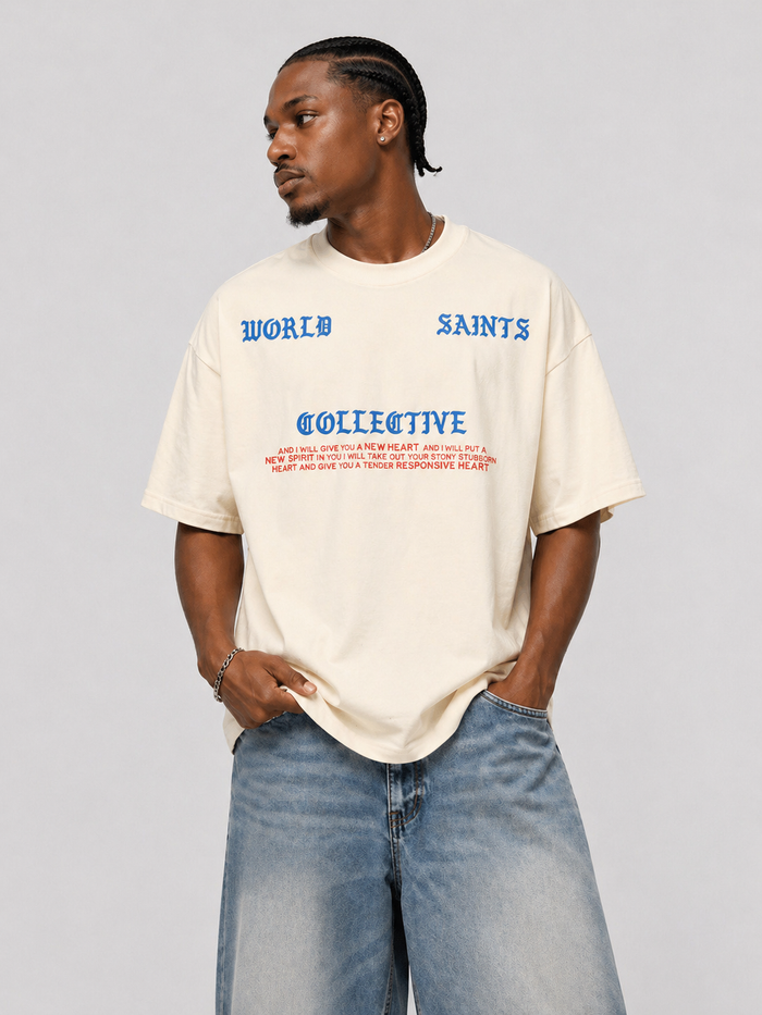 Cream WRLDSNTS 'A New Heart' T-Shirt with graphic print, casual fit, and soft fabric, displayed on a plain background.