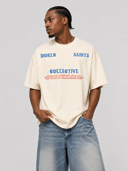 Cream WRLDSNTS 'A New Heart' T-Shirt with graphic print, casual fit, and soft fabric, displayed on a plain background.