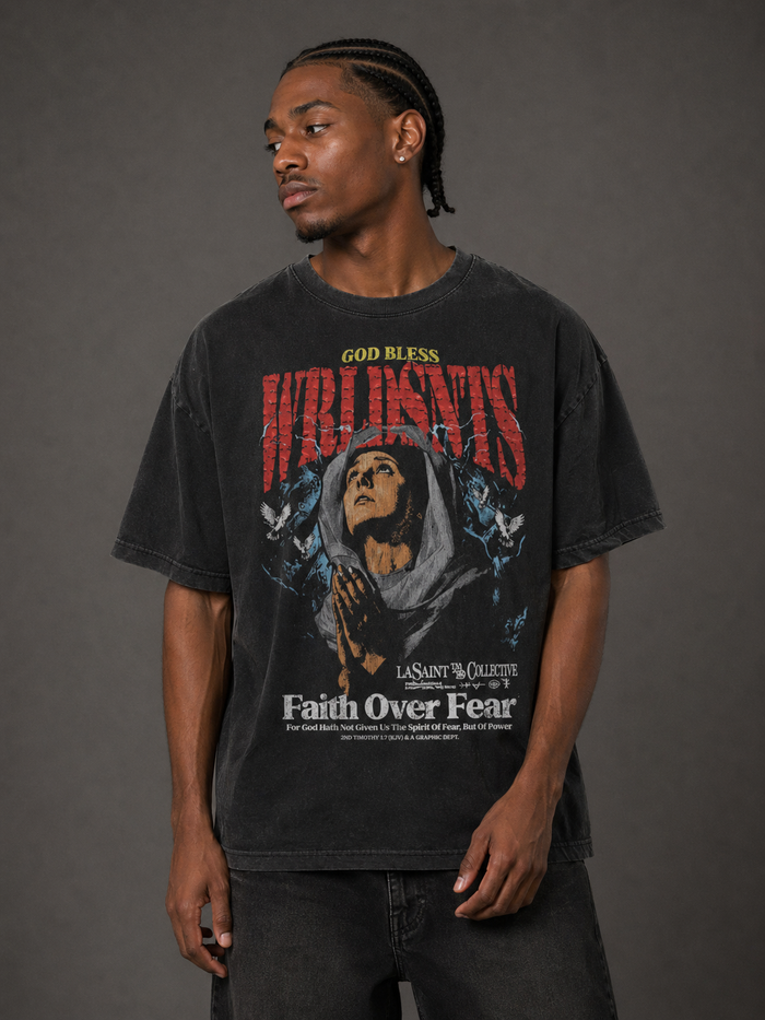 WRLDSNTS charcoal 'Faith Over Fear' T-shirt with bold printed text on front, casual fit and soft fabric.