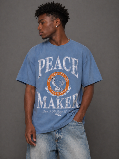 WRLDSNTS Peace Maker vintage blue T-shirt with graphic design, casual fit, short sleeves, and round neckline.