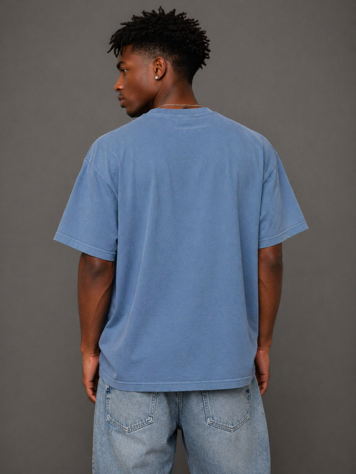 WRLDSNTS Peace Maker vintage blue T-shirt with graphic print, casual short sleeve tee for everyday wear.