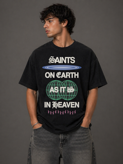 Black WRLDSNTS Saints On Earth T-shirt with graphic design, featuring bold text and artistic print on front.